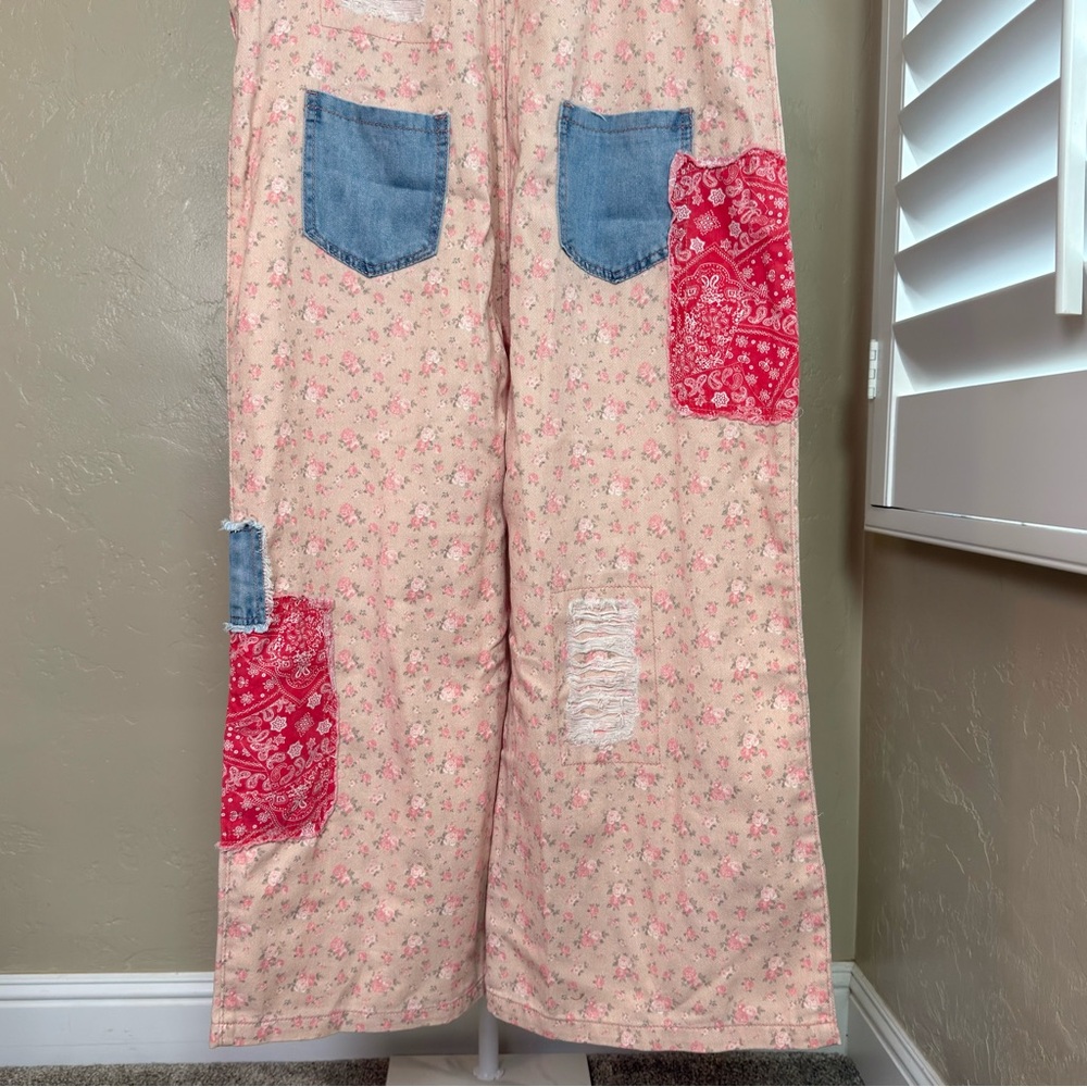 Pol Patchwork Floral Overalls Size Medium Wide Le… - image 8